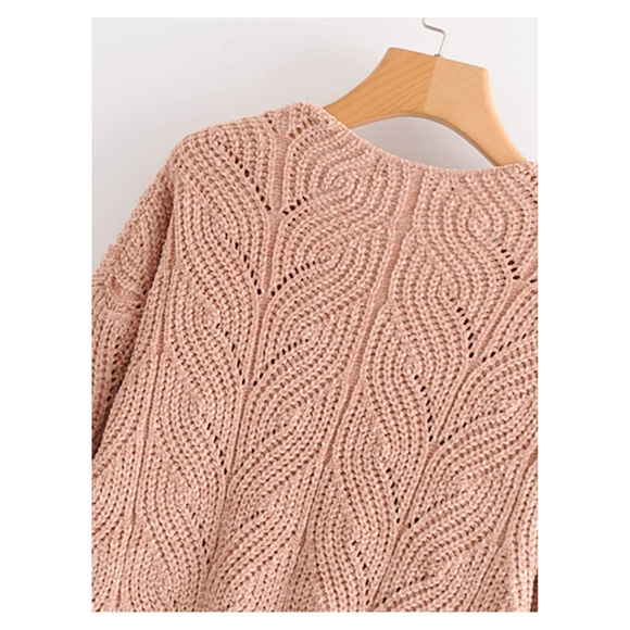 Beige V Neck Long Sleeve Chenille Sweater - Picture 4 of 7